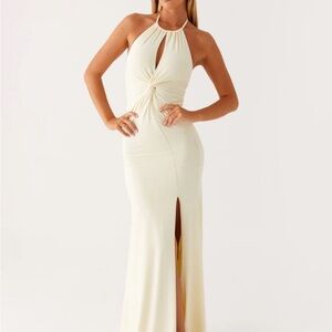 Peppermayo Cream One-Shoulder Halter Twist Maxi Dress